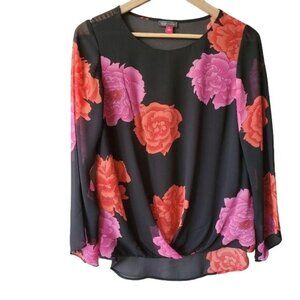 Vince Camuto Womens Floral Print Long Sleeve Flowy Blouse Size S Black, Pink, Or